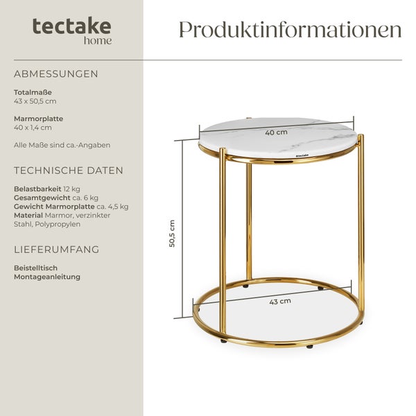 Beistelltisch tectake Ellsa 43 x 43 x 50,5 cm hochwertige Marmorplatte weiß/gold