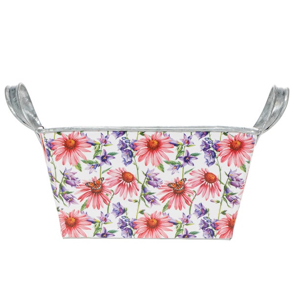 Zink-Blumenwanne mit bunten Blumenmotiven und zwei seitlichen Henkeln.