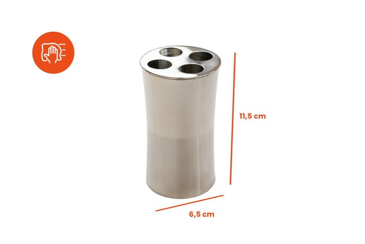 Zahnbürstenhalter aus Edelstahl mit vier Öffnungen, Höhe 11,5 Zentimeter, Breite 6,5 Zentimeter, leicht zu reinigen.