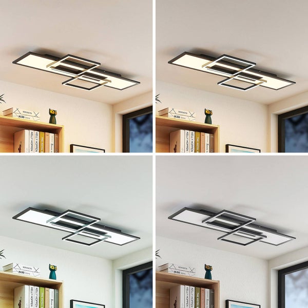 Geometrische LED-Deckenleuchte mit schwarzen und goldfarbenen Rahmen, Darstellung von vier verschiedenen Farbtemperaturen in einem Wohnraum.