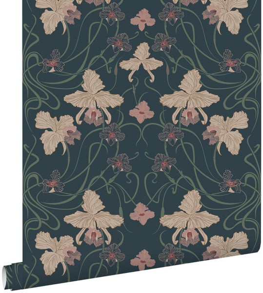 ESTAhome Tapete Blumenmuster im Jugendstil Dunkelblau, Beige und Graugrün - 50 x 900 cm - 139669