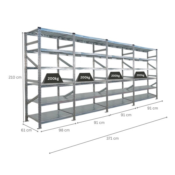 Metallregal mit den Maßen 371 cm x 210 cm x 61 cm und einer Traglast von 200 kg