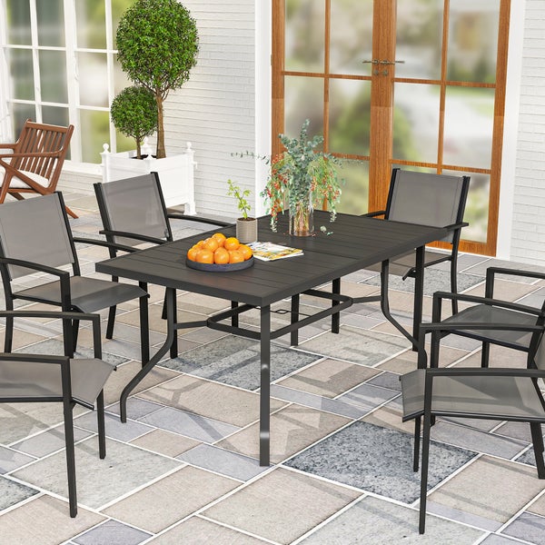 Outsunny Gartentisch 152x90 cm, Wetterfest Balkontisch aus Stahl, Beistelltisch mit Schirmloch, Latten-Design Esstisch Outdoor, Campingtisch, rechteckig Terrassentisch für Garten Balkon Schwarz