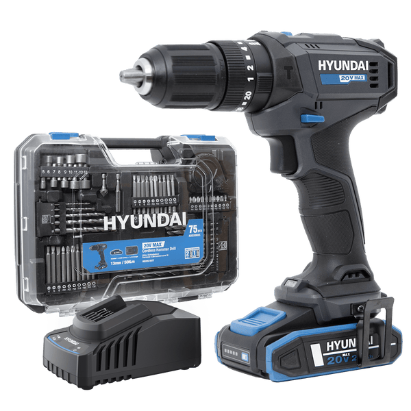 Hyundai Akku-Schlagbohrschrauber 20 Volt mit 75 teiligem Zubehörset, Ladegerät und Akku im Kunststoffkoffer.