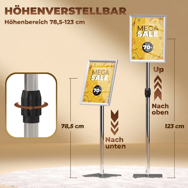 Höhenverstellbarer Plakatständer mit Klickrahmen, verstellbar von 78,5 bis 123 Zentimeter Höhe, ideal für die professionelle Warenpräsentation.