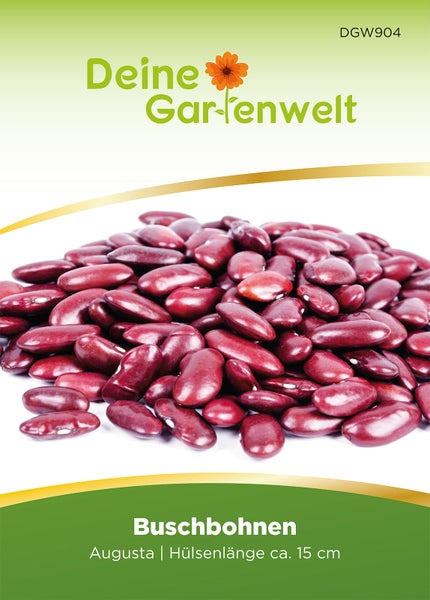 Samentüte für Buschbohnen Augusta, Deine Gartenwelt Logo, Hülsenlänge circa 15 Zentimeter, Abbildung von roten Bohnen.