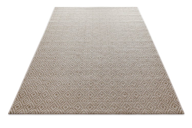 Rechteckiger gewebter Teppich mit Rautenmuster in Beige und Weiß.