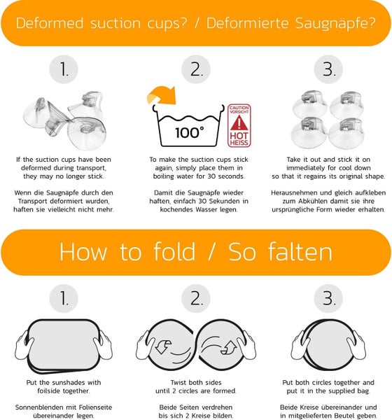 Infografik zur Formwiederherstellung von Saugnäpfen in 100 Grad heißem Wasser und Anleitung zum platzsparenden Falten von Sonnenschutzblenden.