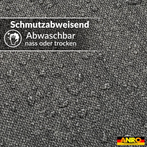 Schmutzabweisendes und nass oder trocken abwaschbares Material mit Wassertropfen auf der strukturierten Oberfläche. ANRO Logo.
