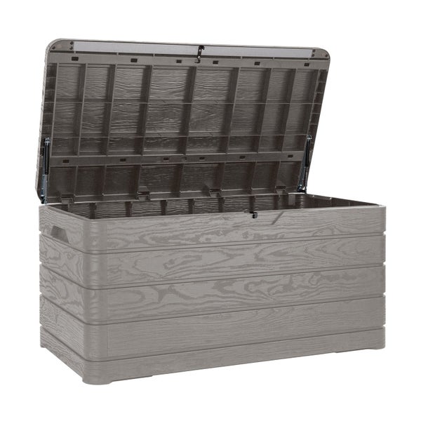 Geöffnete Gartenbox mit Holzoptik