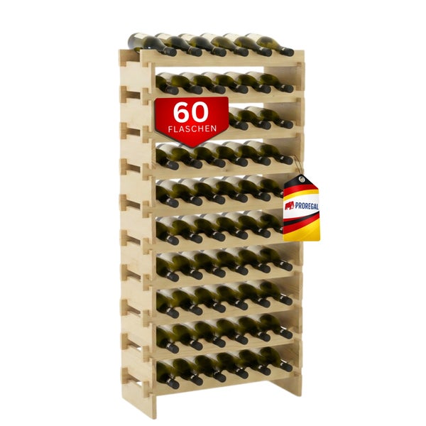 Weinregal aus Holz für 60 Flaschen von ProRegal, freistehendes Flaschenregal.