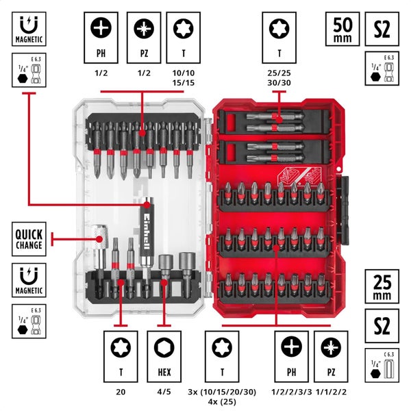 Einhell M-CASE 42-tlg. Bit-Set (25-mm-Bits, 50-mm-Bits, Magnethalter, Steckschlüssel, Schnellwechselbithalter inkl. Aufbewahrungsbox)