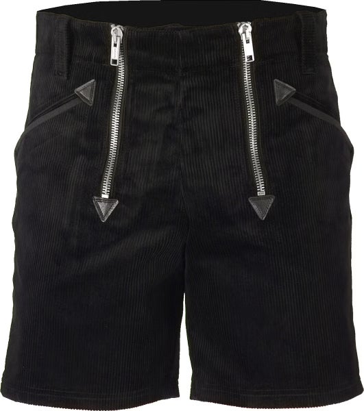 Schwarze Zunftshorts aus Cord mit Doppelreißverschluss und Gürtelschlaufen.