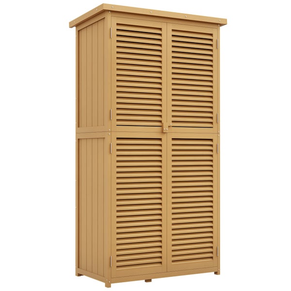 Outsunny Gartenschrank Holz Geräteschuppen Gerätehaus mit Asphaltdach Lamellentür Geräteschrank Schuppen Garten 4 Fächer Hellgelb 87 x 46,5 x 160 cm