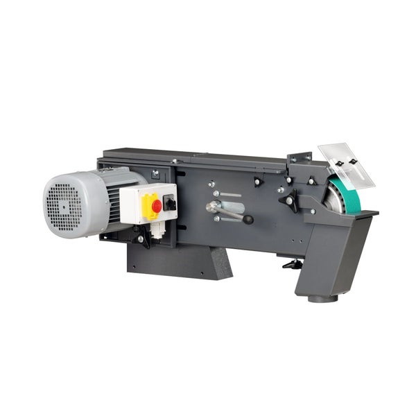 Stationäre Bandschleifmaschine für Metall mit Elektromotor und Schutzhaube.