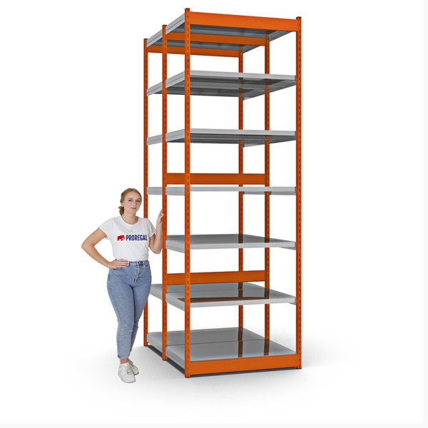 PROREGAL Fachbodenregal Stecksystem Vierkant-Profil Grundregal HxBxT 300 x 102,5 x 60 cm 2x7 Ebenen Doppelseitige Bauart Fachlast 200 kg Orange