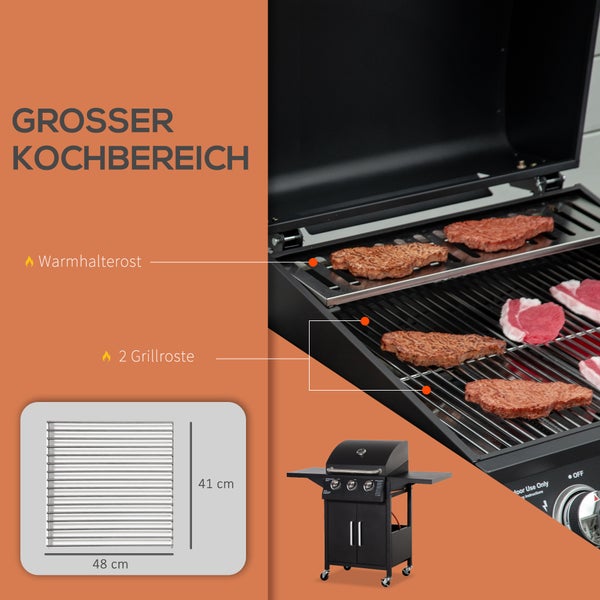 Outsunny Gasgrill, mobiler Grillwagen, BBQ mit 3 Brennern je 3 kw, 121 x 55 x 109 cm, Stahl, Schwarz