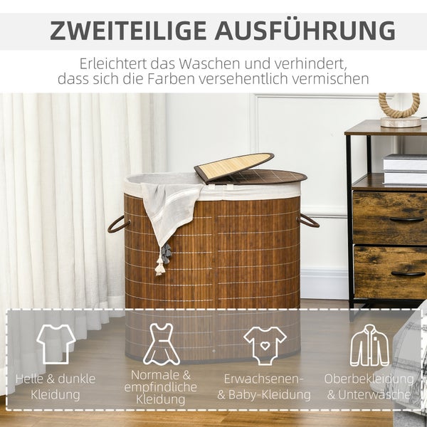 HOMCOM Wäschekorb Wäschebox 100L Wäschesammler mit Deckel, Wäschesortierer mit Griff, Waschekorbsammler mit 2 Wäschesäcken für Badezimmer, Bambus, Braun