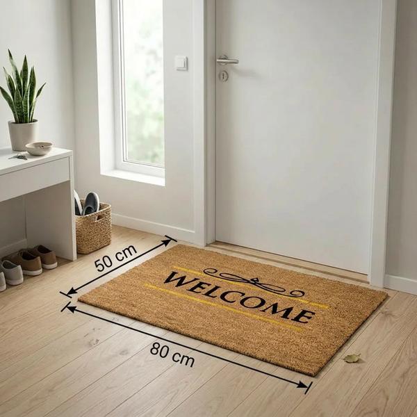 Kokos-Fußmatte Welcome, 50 mal 80 Zentimeter, in einem hellen Eingangsbereich mit Tür, Holzfußboden und einer Zimmerpflanze.
