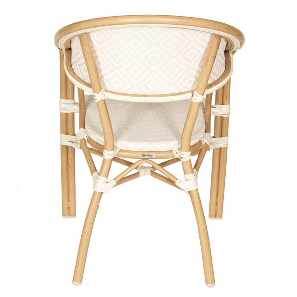 Bistrostuhl mit Aluminiumgestell in Rattan-Optik und gemustertem Kunststoffgeflecht, Rückansicht.
