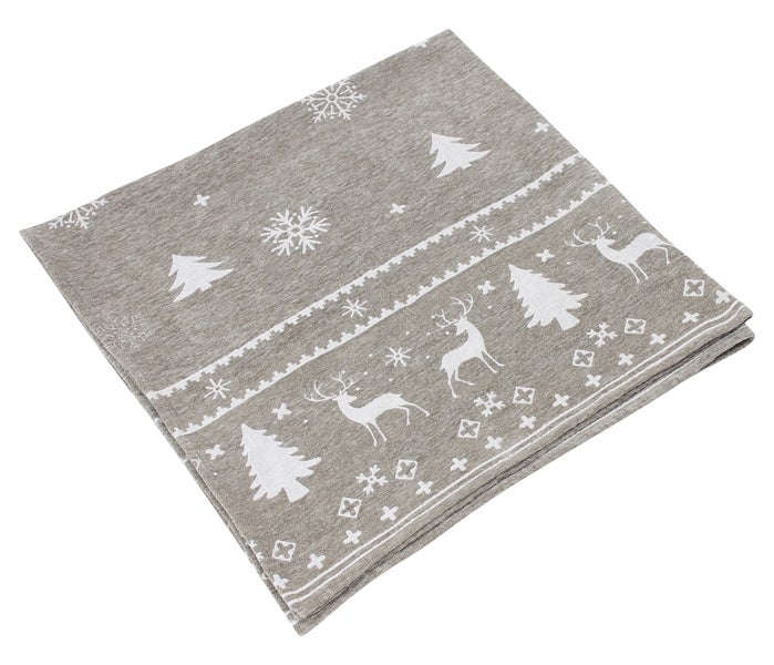Graue Tischdecke mit Weihnachtsmotiven