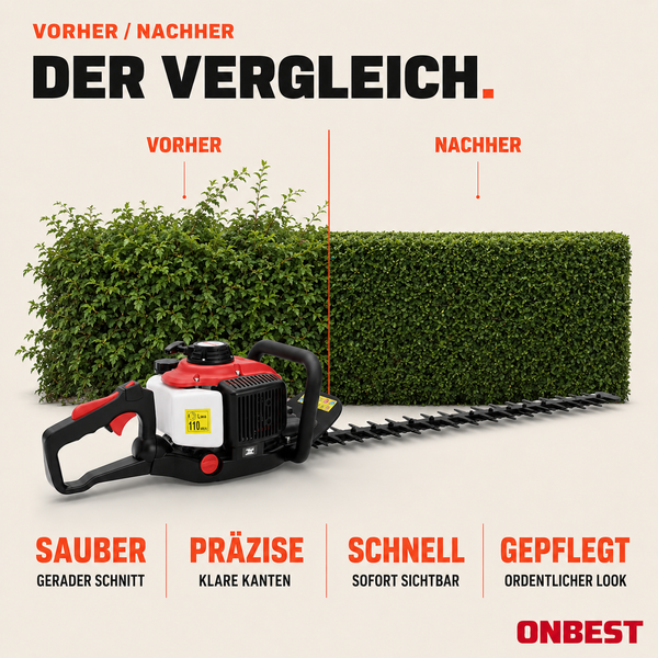 Benzin-Heckenschere 110 Dezibel Vorher-Nachher. Hecke vorher wildwachsend, nachher sauber und präzise geschnitten. Onbest Logo.