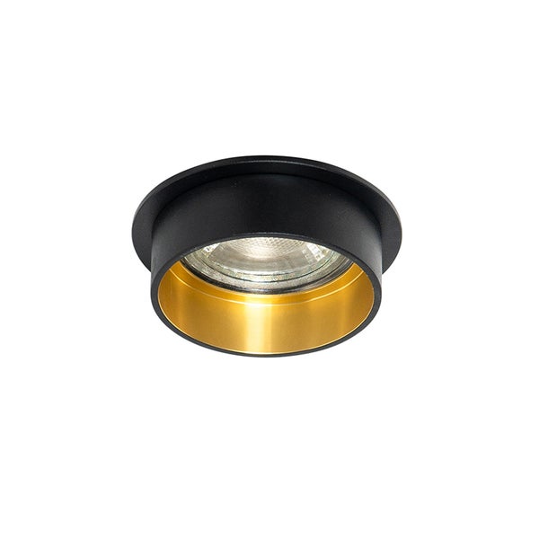 Runder Deckenspot mit schwarzem Gehäuse und goldfarbenem Innenring.