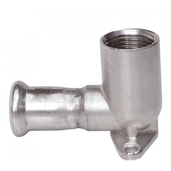 Press-Wandwinkel aus Metall mit Innengewinde und Befestigungsflansch.