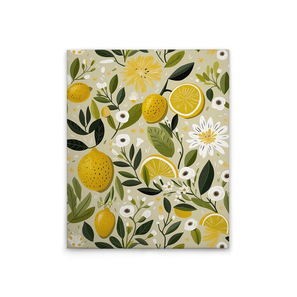 Leinwanddruck mit Zitronen, Blättern und Blumenmuster