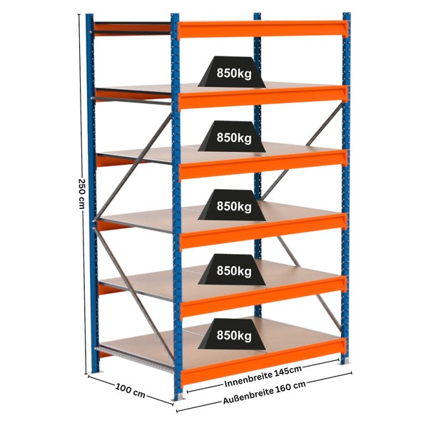 Schwerlastregal mit fünf Ebenen und einer Belastbarkeit von 850 Kilogramm pro Ebene