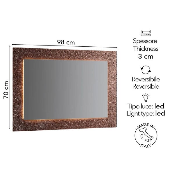 Rechteckiger Wandspiegel mit LED-Beleuchtung und strukturiertem Rahmen, Maße 98 mal 70 Zentimeter, Tiefe 3 Zentimeter, wendbar, hergestellt in Italien.