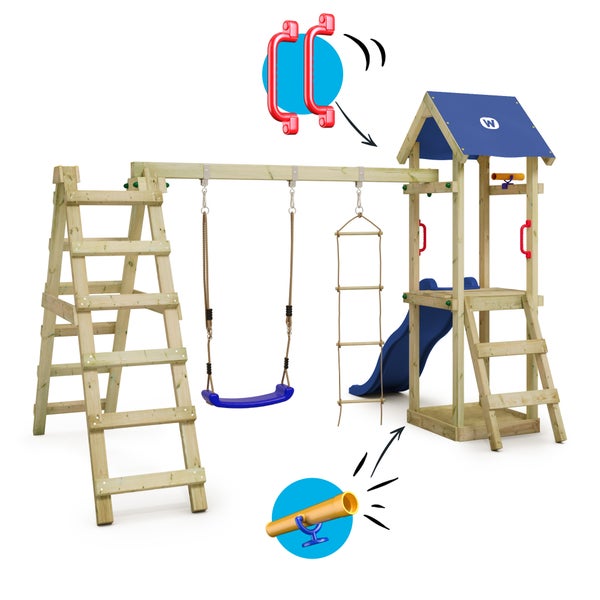 WICKEY Spielturm Klettergerüst TinyLoft mit Schaukel und Rutsche, Kletterturm mit Sandkasten, Leiter und Spiel-Zubehör - blau