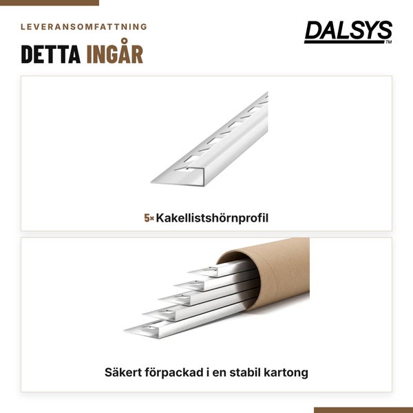 Lieferumfang mit fünf Dalsys Flieseneckprofilen aus Metall, sicher verpackt in einem stabilen Kartonrohr.