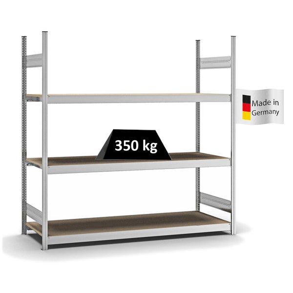 PROREGAL Weitspannregal Stecksystem T-Profil Grundregal HxBxT 200x200x60 cm 3 Ebenen Spanplatten Fachboden Fachlast 350 kg Verzinkt