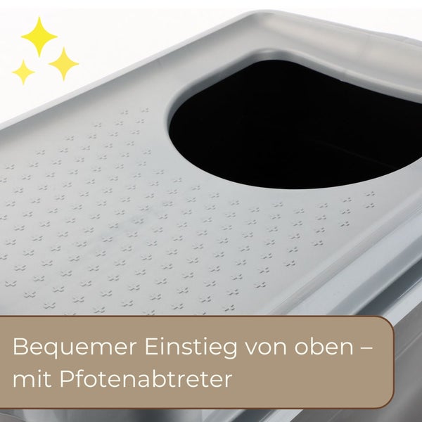 Katzentoilette mit Einstieg von oben und strukturierter Fläche zum Reinigen der Pfoten.