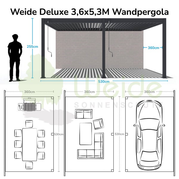 Weide Deluxe Wandpergola 3,6 x 5,3 M - Voll-Aluminium, Lamellendach, Anthrazit