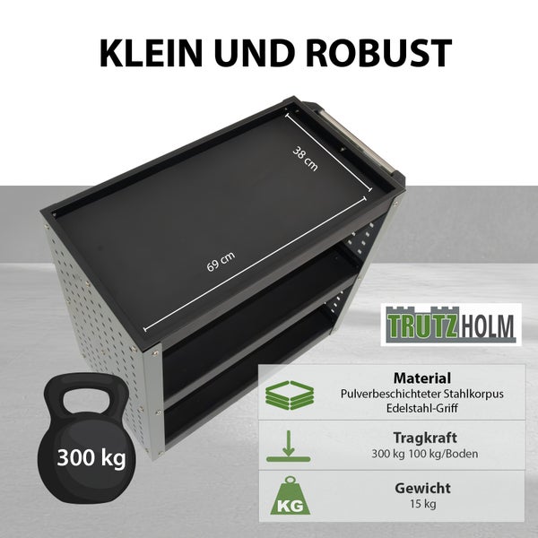 Trutzholm Werkstattwagen mit drei Ablagen, 69 mal 38 Zentimeter, 300 Kilogramm Tragkraft, aus pulverbeschichtetem Stahl mit Edelstahlgriff.