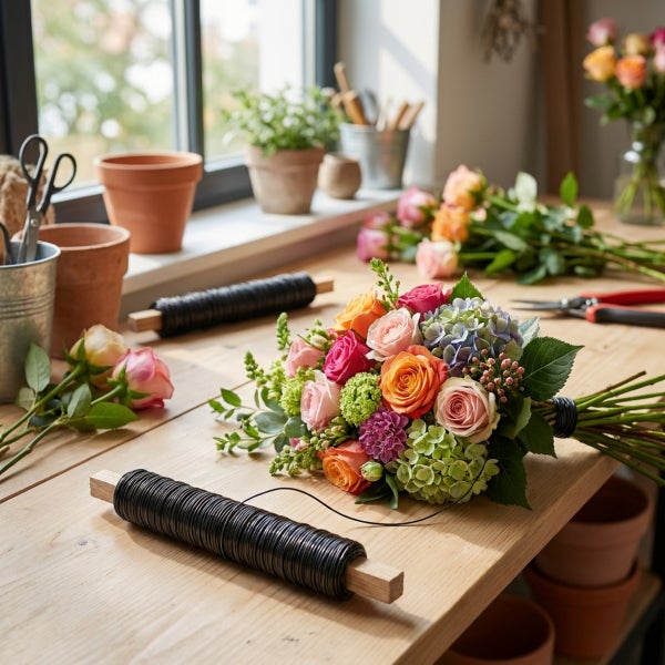 Ein bunter Blumenstrauß liegt auf einem Holztisch in einer Gärtnerei neben Bindedraht und Tontöpfen, bereit zum Binden und Dekorieren.