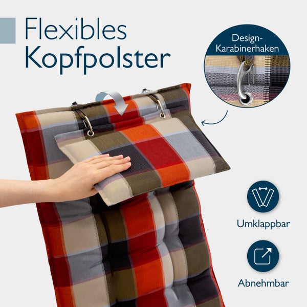 Karierte Gartenstuhlauflage mit flexiblem, umklappbarem und abnehmbarem Kopfpolster sowie Karabinerhaken zur Befestigung.