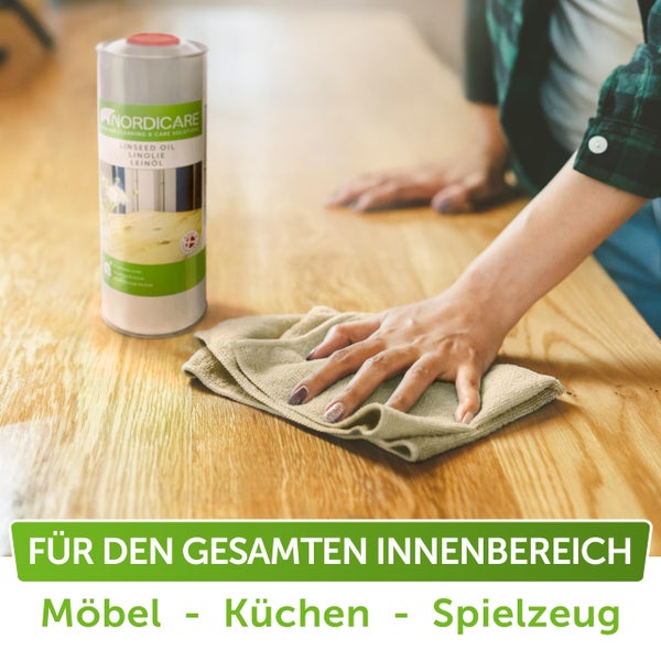 Nordicare Leinöl [1L] für Holz zum Holzschutz I Leinöl Firnis Holzöl für Innen I Leinöl für Möbel Holz Öl, Leinenöl Holz
