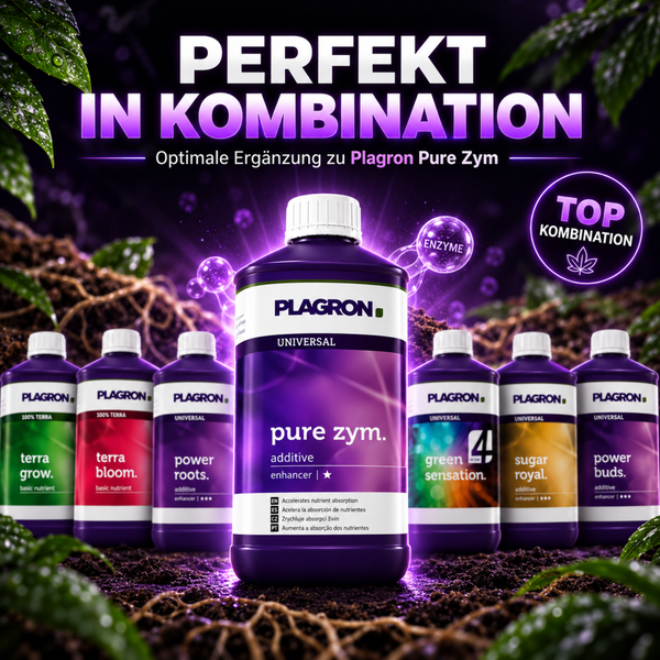 Plagron Pure Zym Pflanzenzusatzmittel und Pflanzennahrung im Sortiment vor Erde.