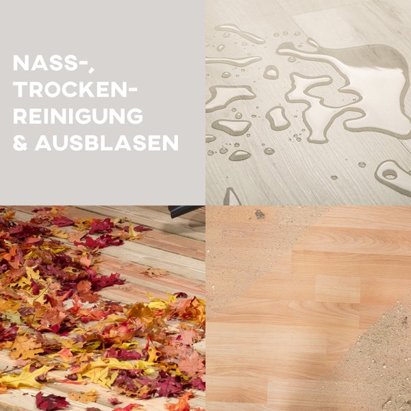 Anwendungsbeispiele für Nassreinigung, Trockenreinigung und Ausblasfunktion mit Wasser, Sand und Laub auf Holzböden.