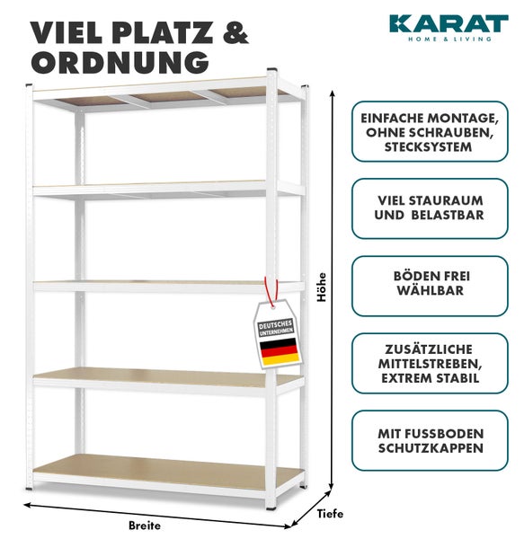 Karat Home & Living Logo. Metall-Schwerlastregal mit fünf Holzböden, schraubenlosem Stecksystem, Mittelstreben, Bodenschonern. Deutsches Unternehmen.
