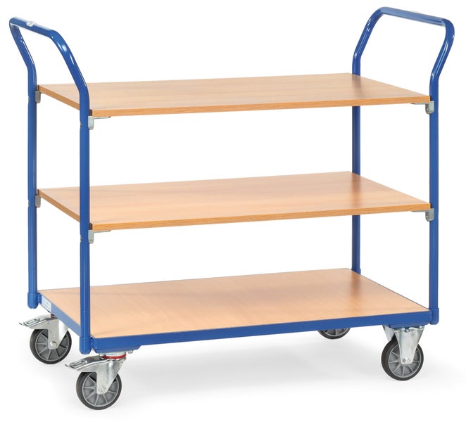 Etagenwagen mit drei Holzablagen und blauem Metallgestell