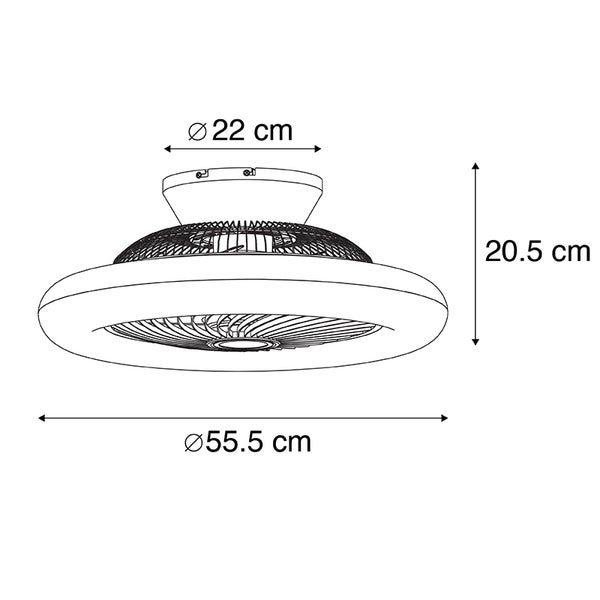 Technische Zeichnung eines Deckenventilators mit Licht. Maße: Durchmesser 55,5 Zentimeter, Höhe 20,5 Zentimeter, Sockeldurchmesser 22 Zentimeter.