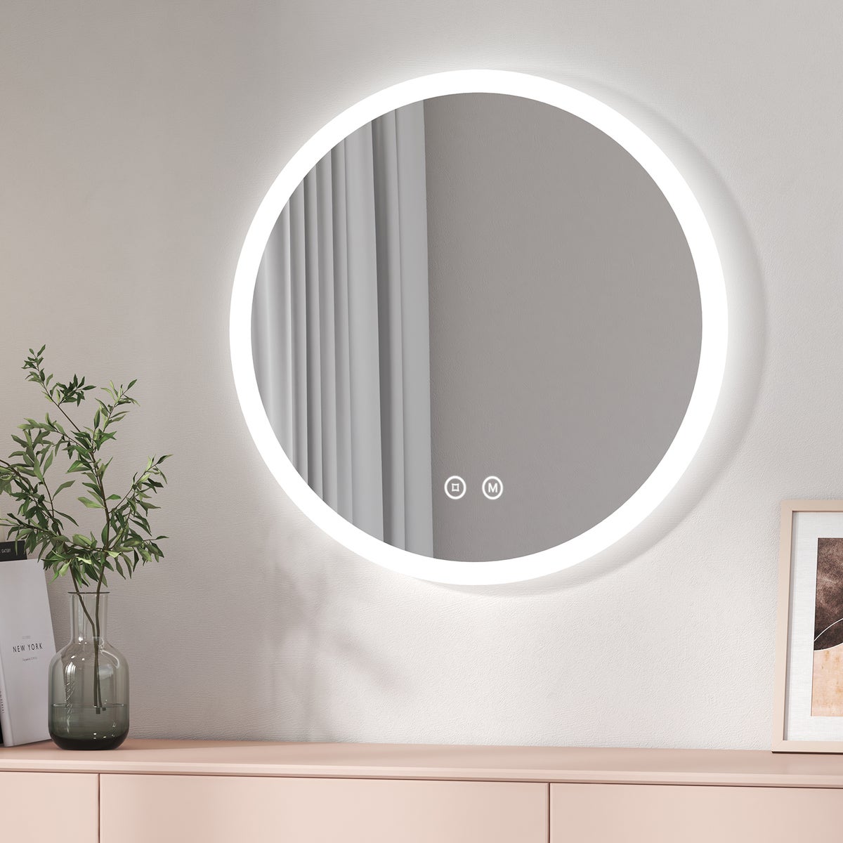 EMKE Badspiegel mit Beleuchtung Rund Badezimmerspiegel (ф70cm, Warmweißes/Kaltweißes/Neutrales Licht, Touch-Schalter, Beschlagfrei, Power-Off-Memory-Funktion)