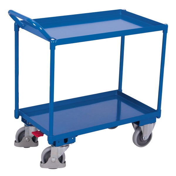Blauer Transportwagen mit zwei Ablageflächen und Rollen
