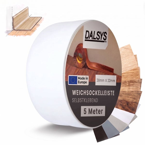 Dalsys Montageanleitung in sechs Schritten zur Verlegung von selbstklebenden Sockelleisten mit Gummihammer, Schneidewerkzeug und Winkelmesser.