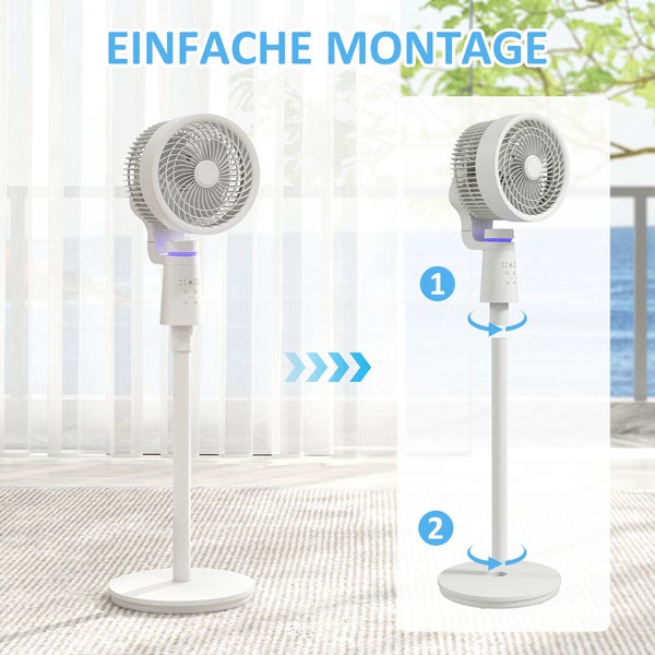 Infografik zur einfachen Montage eines weißen Standventilators in zwei Schritten in einem hellen Wohnzimmer.