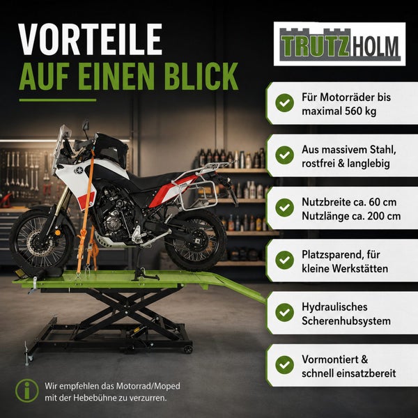 Motorrad-Hebebühne aus massivem Stahl mit hydraulischem Scherenhubsystem, 560 Kilogramm Tragkraft, circa 200 Zentimeter Länge und Trutzholm Logo.